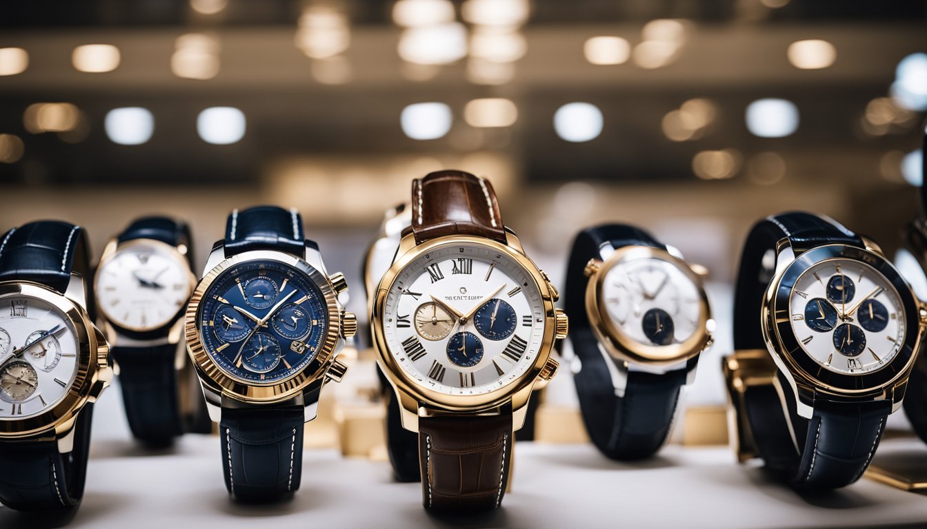 A display of luxury watches from various brands, showcasing their intricate designs and craftsmanship. The scene exudes elegance and sophistication, with each timepiece exuding a sense of exclusivity and prestige